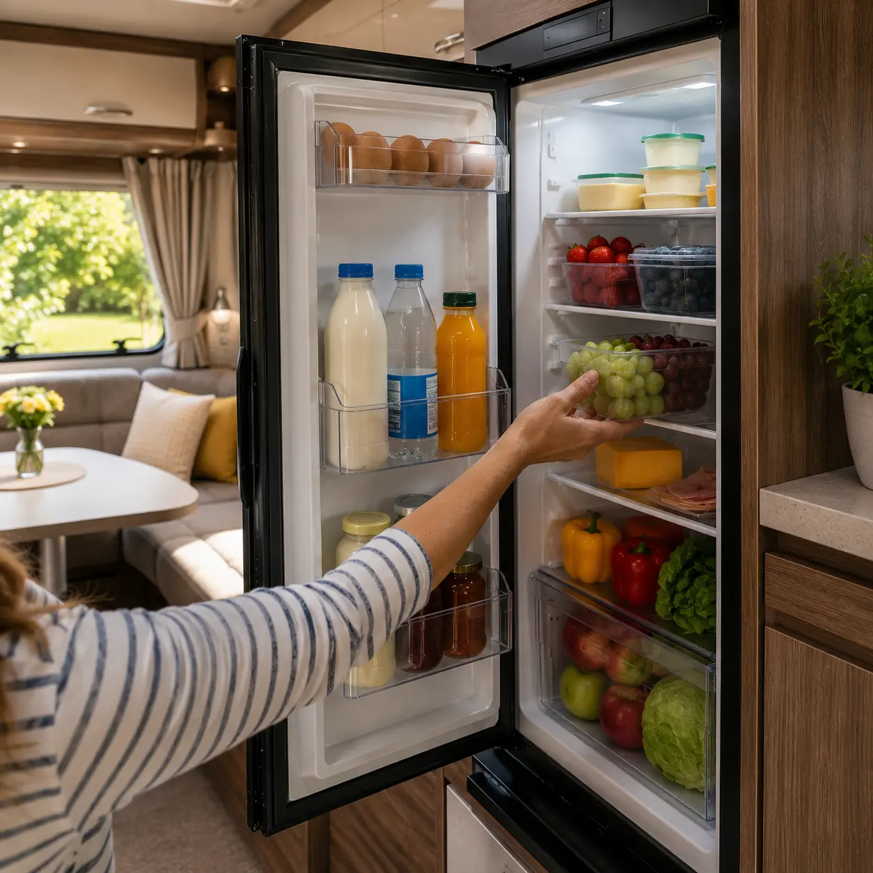 Open caravan fridge neatly stocked with fresh food and drinks ready for a touring holiday.
