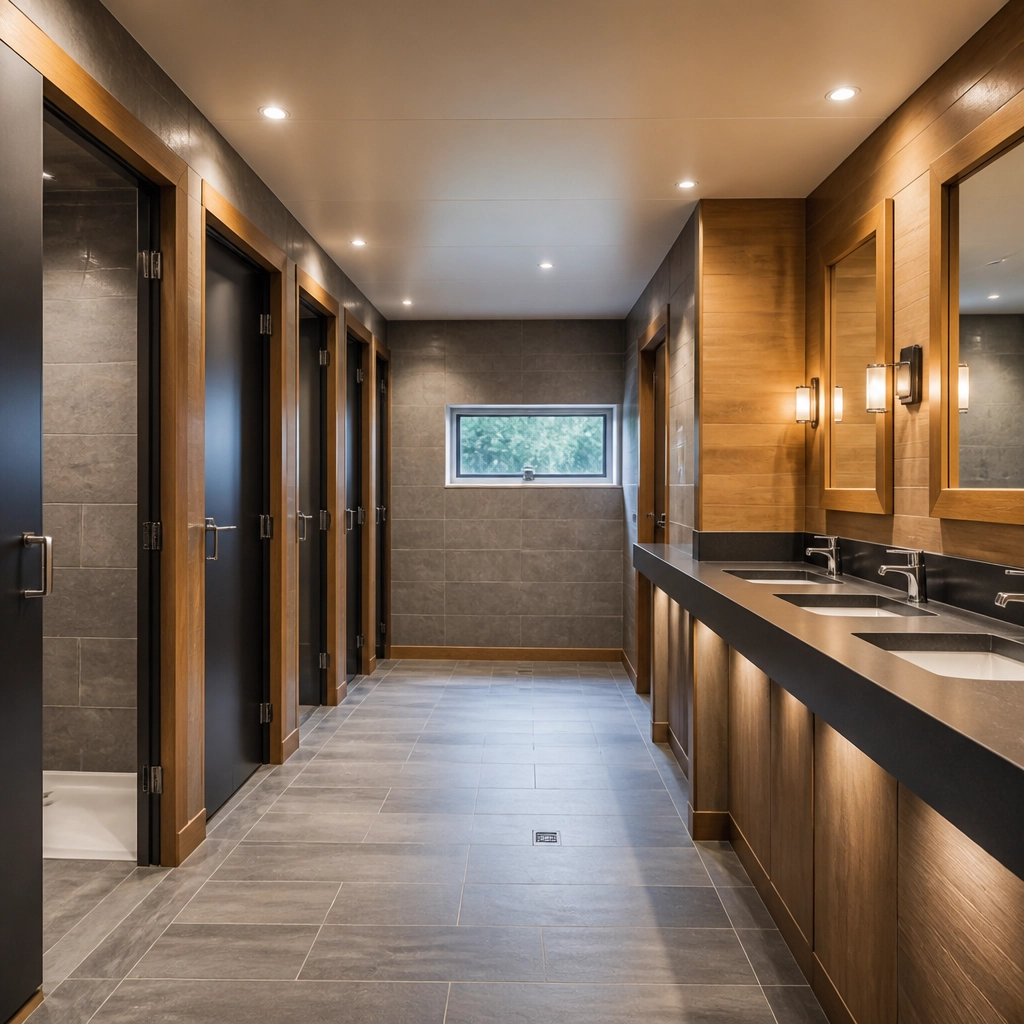 Modern luxury campsite shower and toilet facilities with stylish interiors and premium finishes