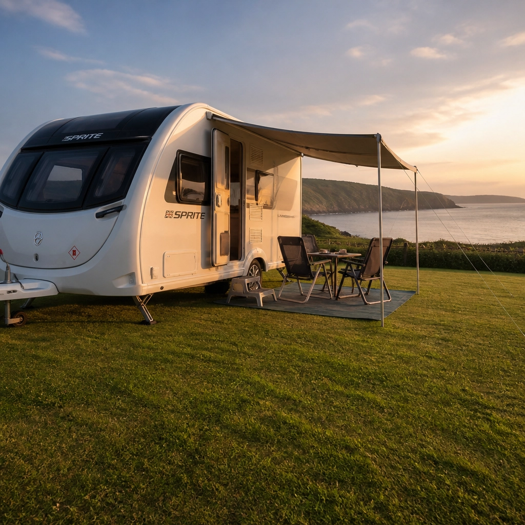 Touring caravan on a luxury coastal campsite pitch overlooking the sea at sunset