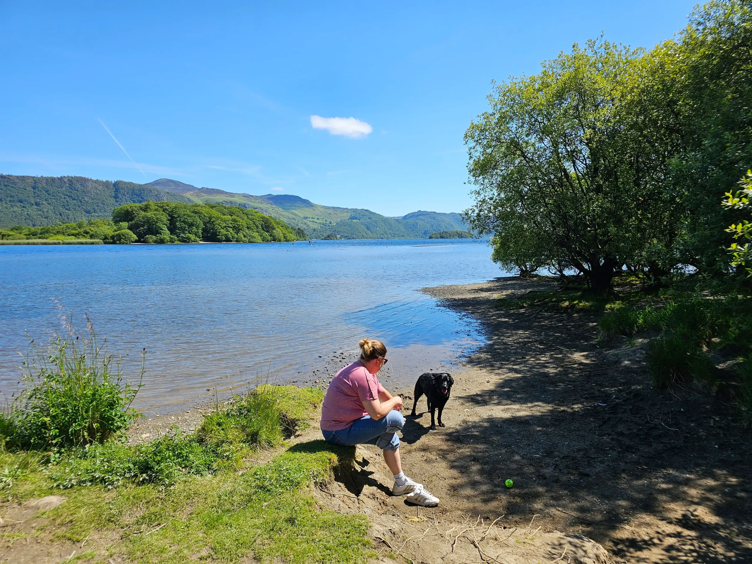 Amy with Storm beside Derwentwater near Keswick in the Lake District during our stay at Keswick Camping and Caravanning Club Site.