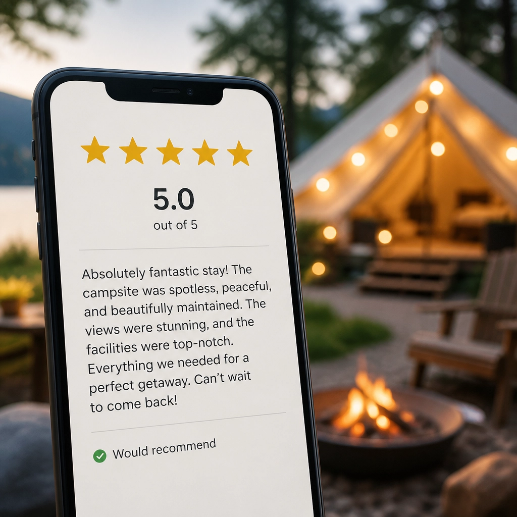 Reading campsite reviews on a smartphone before booking a UK camping or caravanning holiday