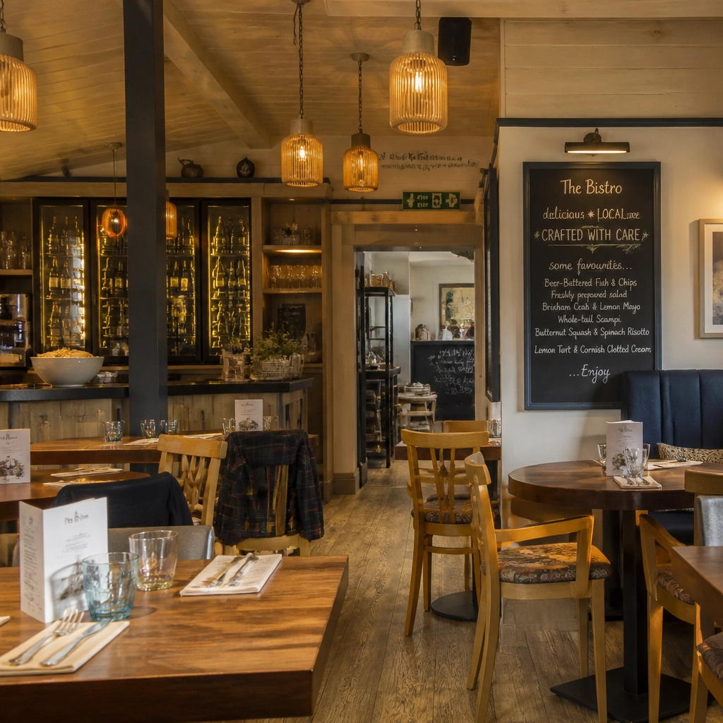 Modern restaurant and bistro at a luxury UK campsite with stylish dining and a welcoming atmosphere