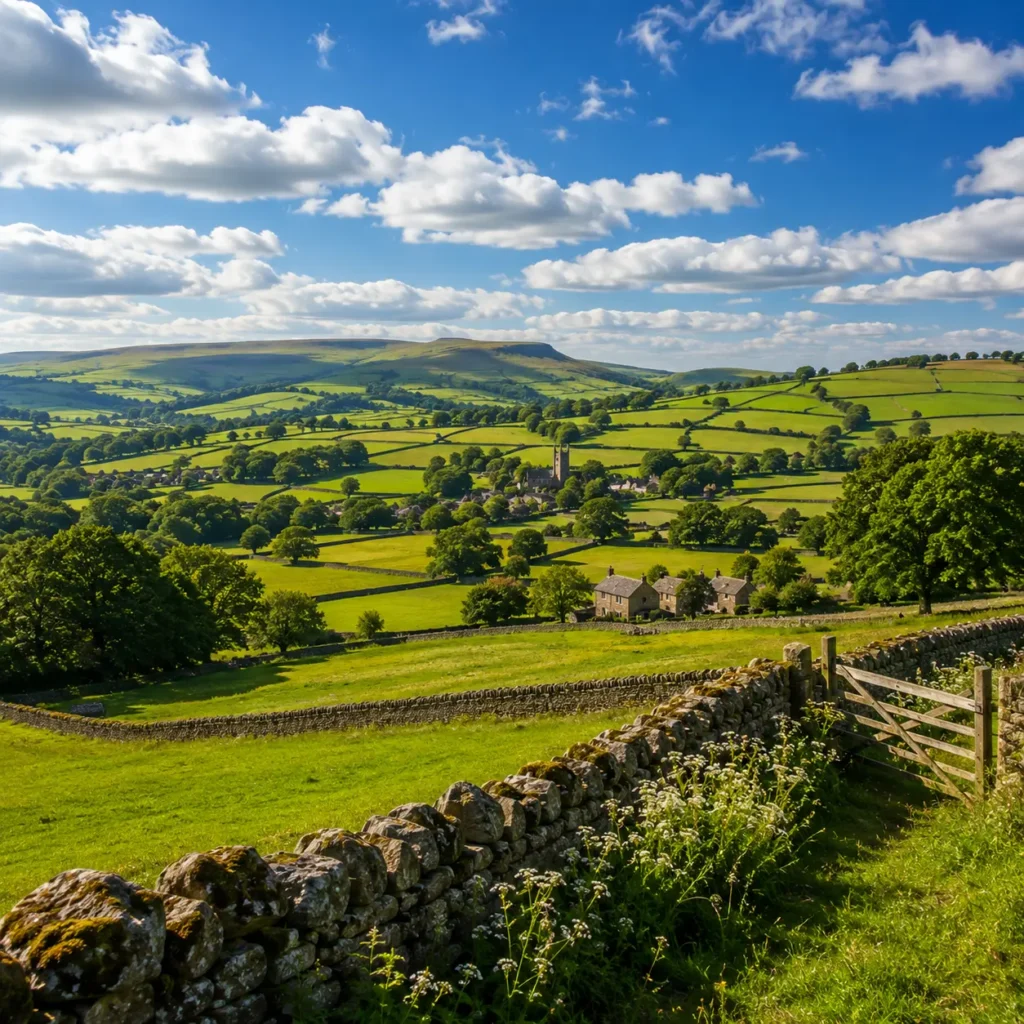 Classic English countryside with rolling fields and dry stone walls representing Best of British Holiday Parks