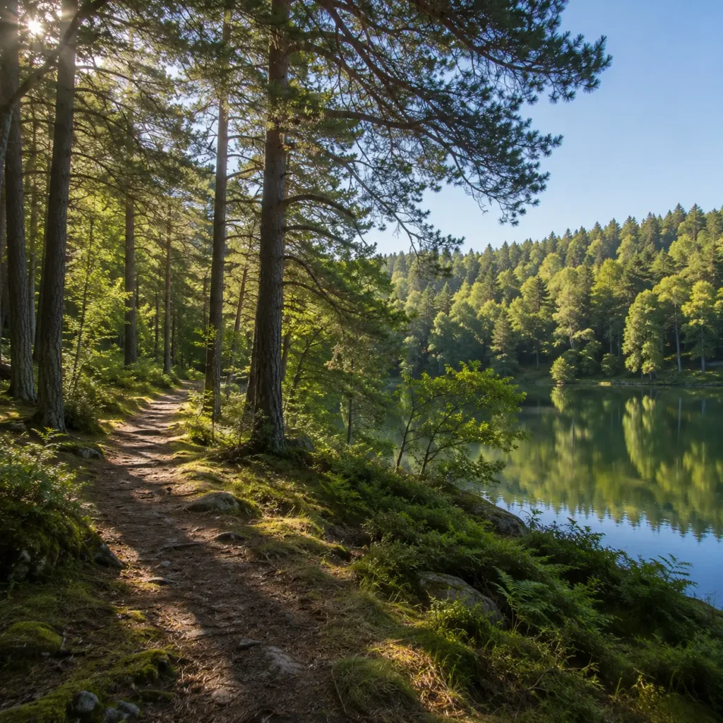 Peaceful woodland walking trail beside a scenic lake surrounded by mature trees
