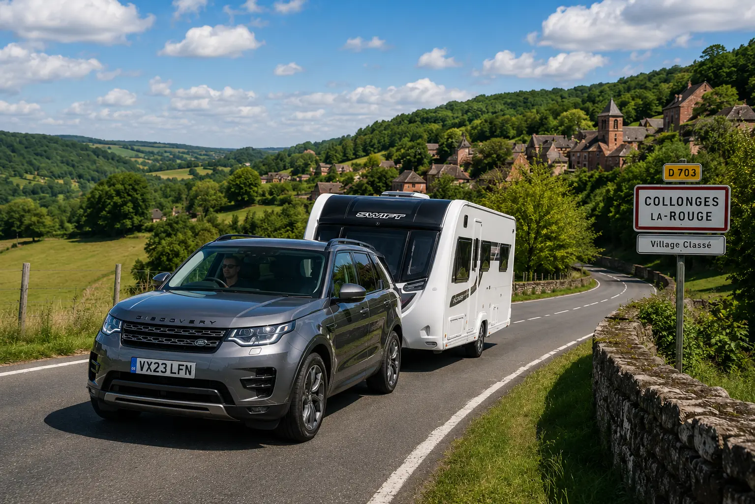 British SUV towing a UK touring caravan through the French countryside on a European touring holiday