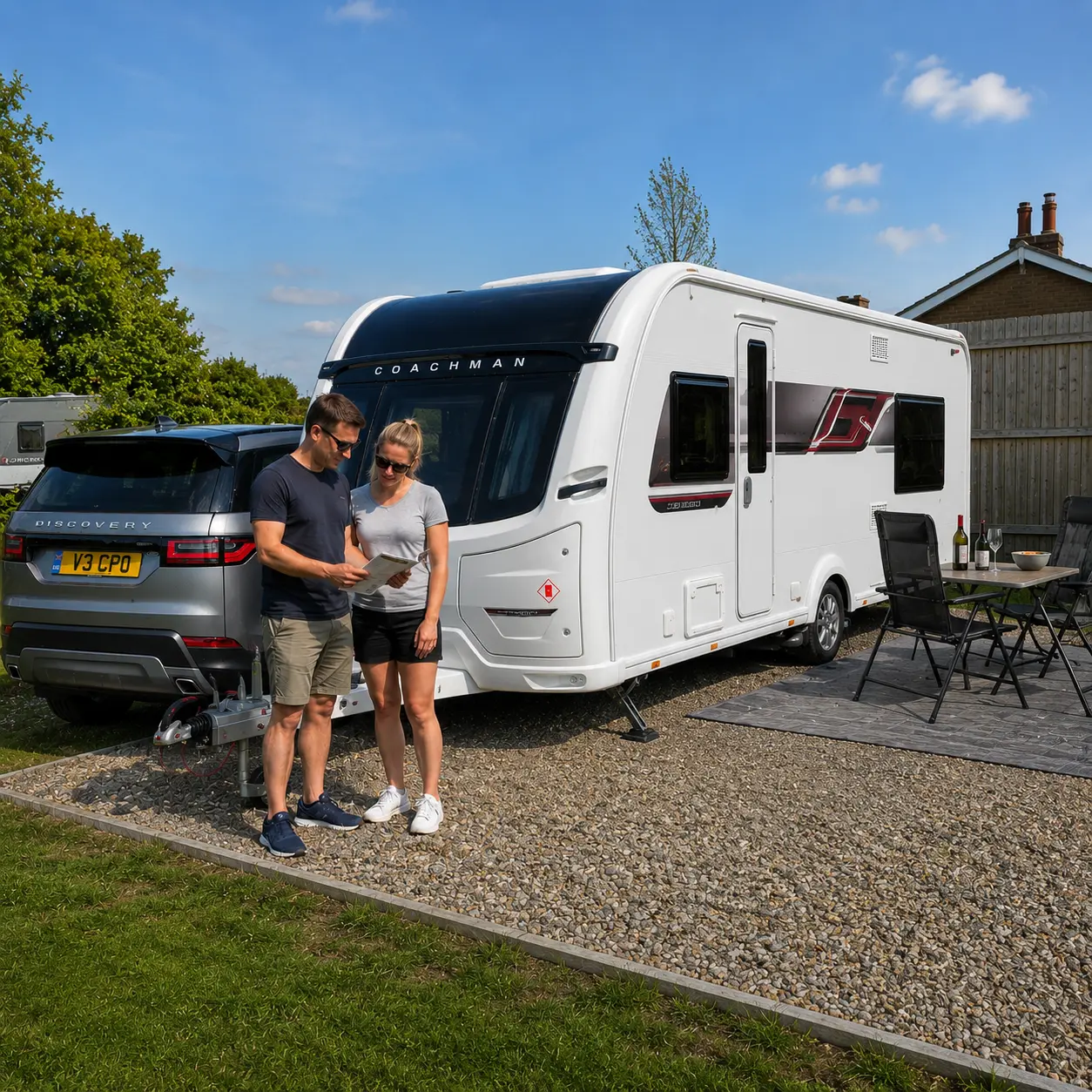 Alt Text: Owners checking caravan weight information before towing