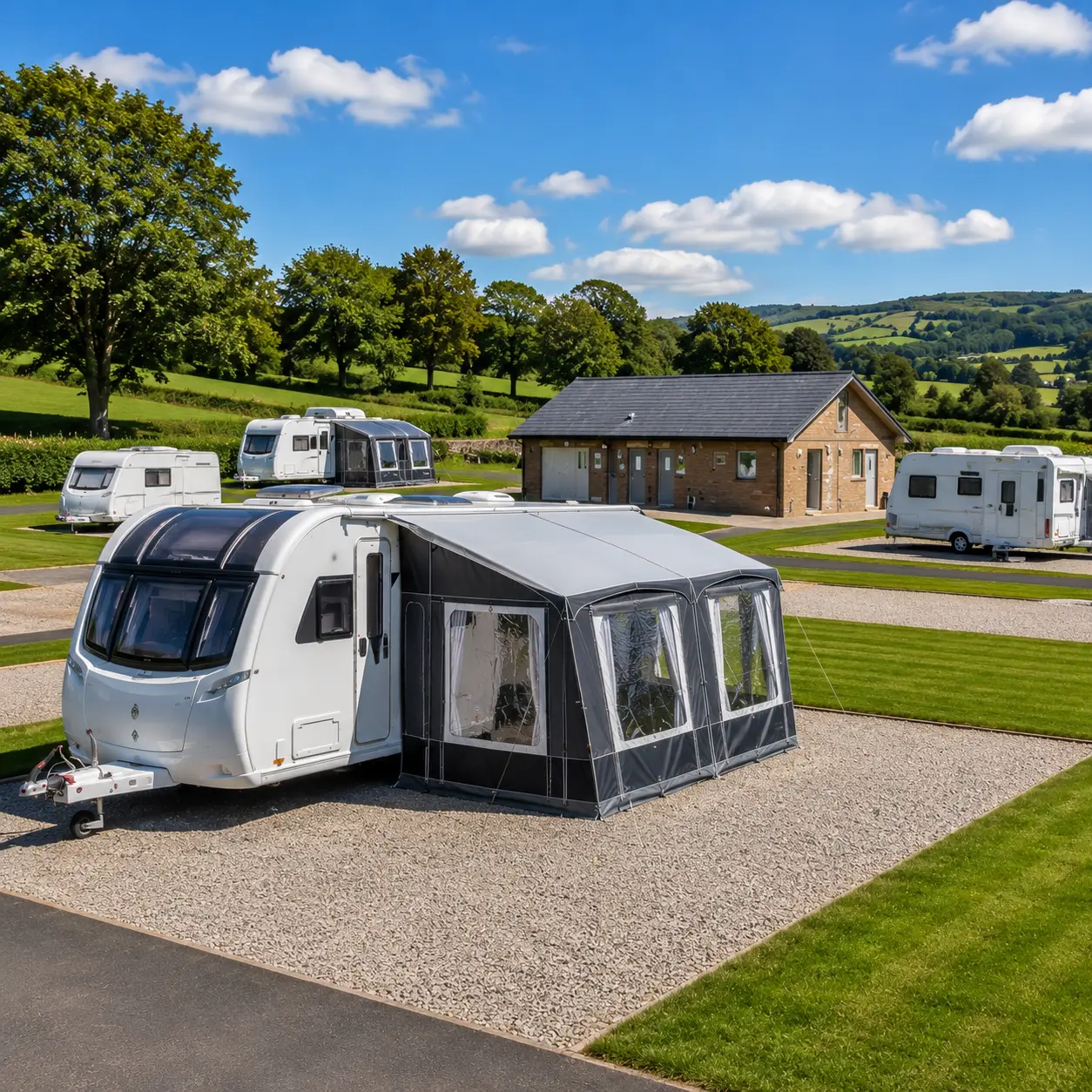 Touring caravan on a well-maintained UK campsite representing value for money