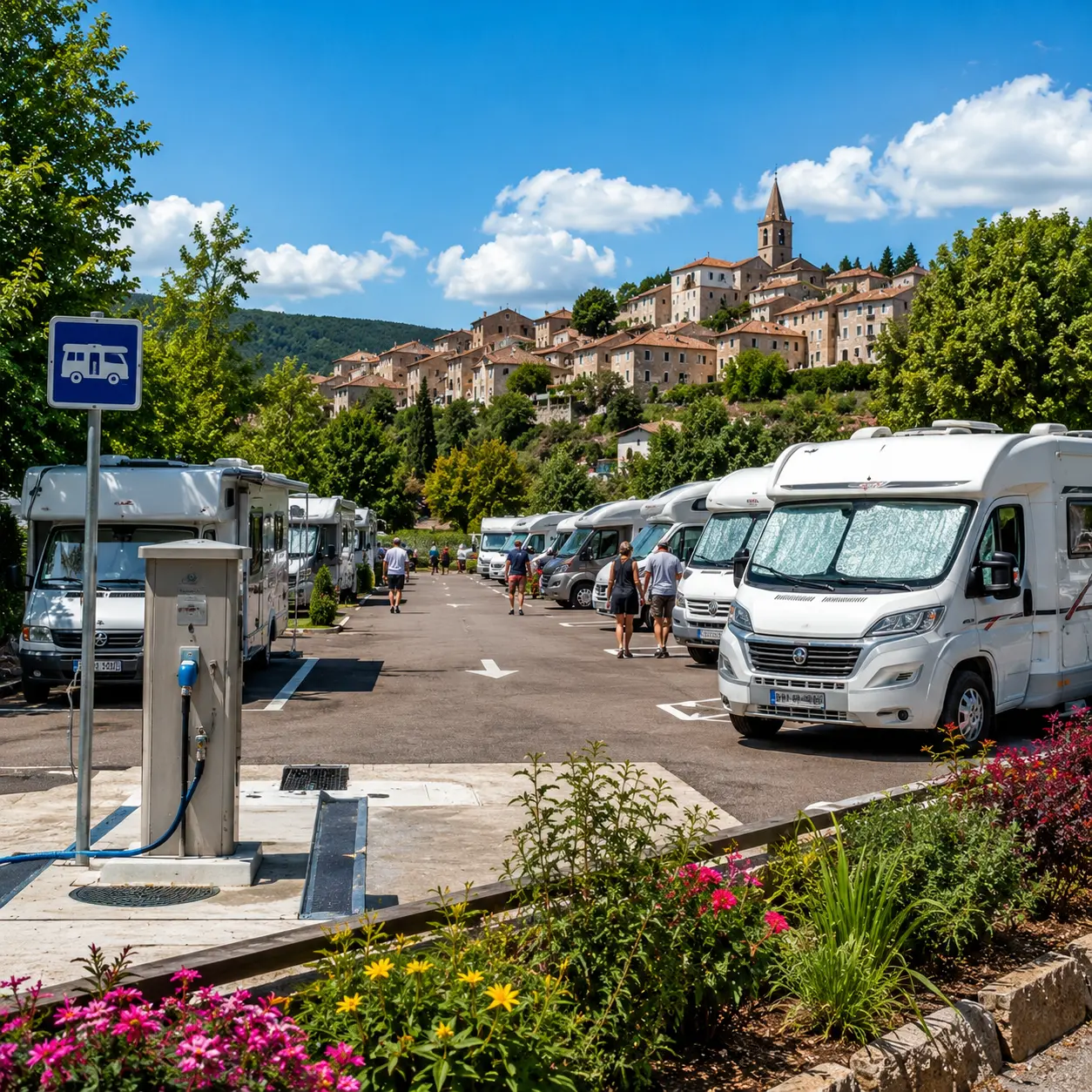 Modern motorhomes parked on a European aire with service facilities.