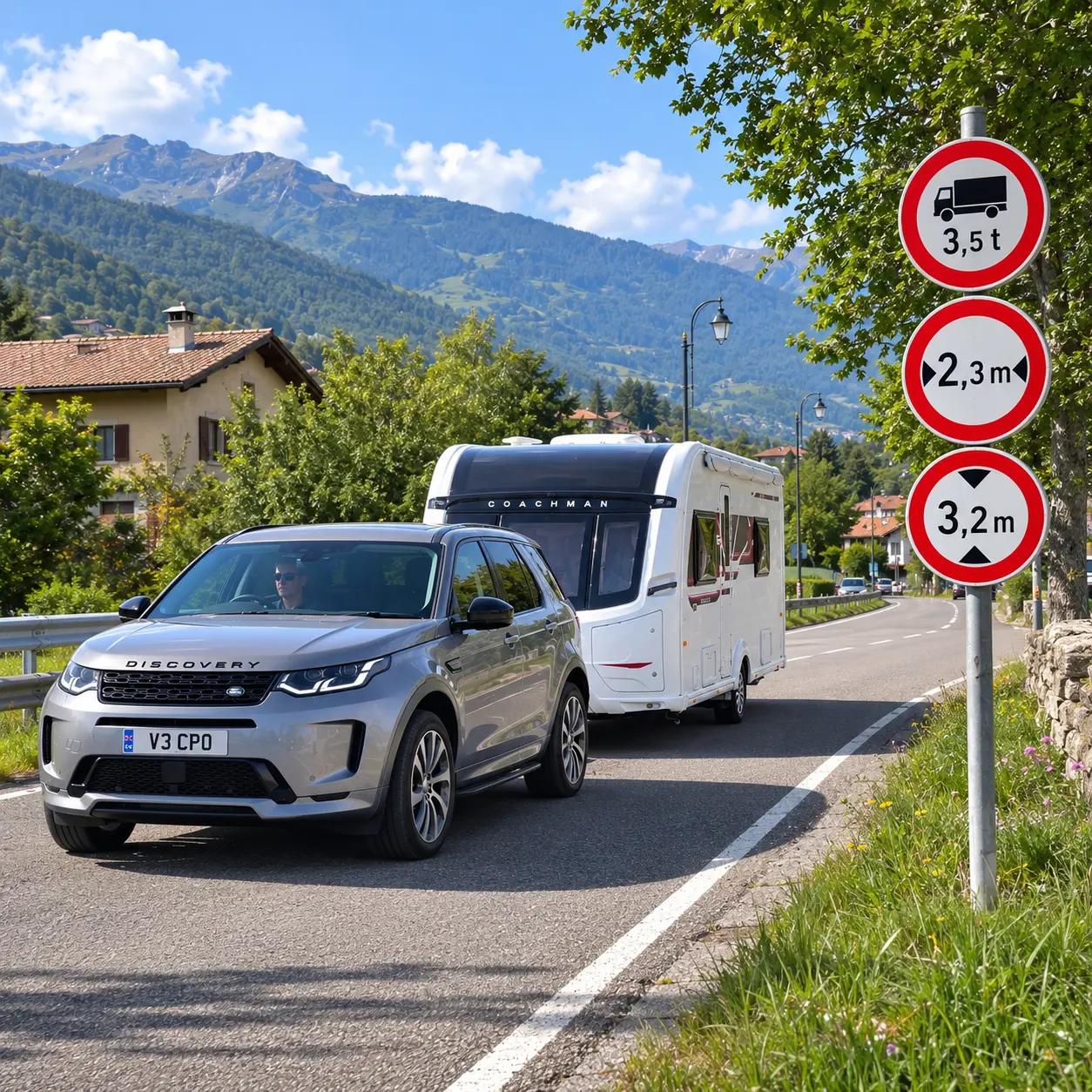 European weight, width and height restriction signs beside a British caravan outfit