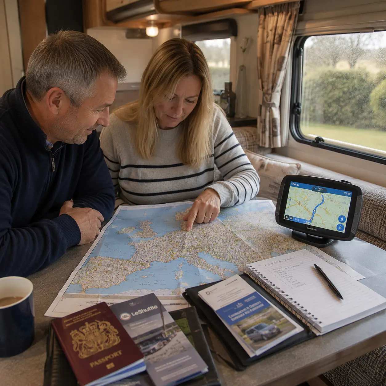European caravan route being planned with a road atlas and sat-nav inside a modern British touring caravan