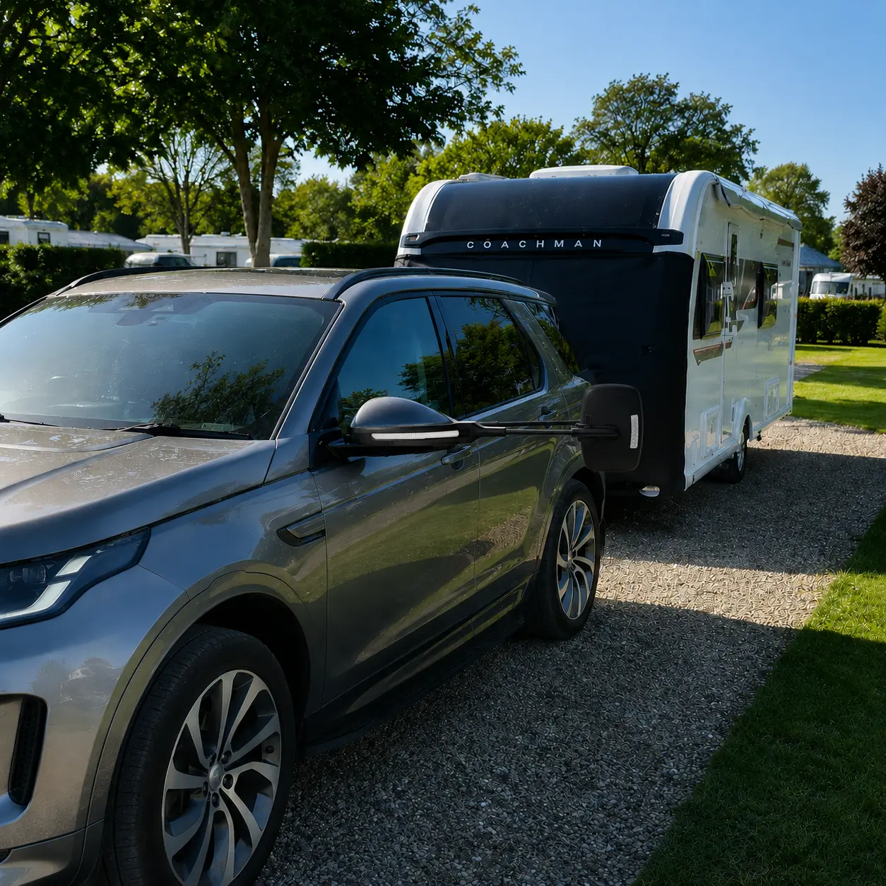 EMUK towing mirrors fitted to a British tow vehicle