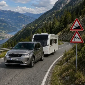 Caravan descending a European mountain road beside steep-gradient and crosswind warning signs