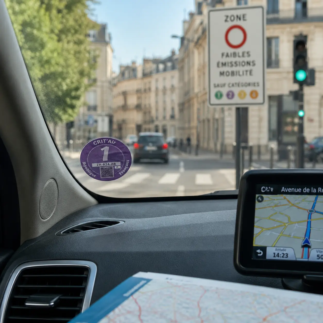 French Crit’Air emissions sticker displayed inside the windscreen of a UK tow car in France