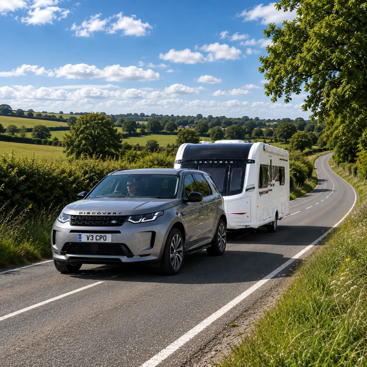 Land Rover Discovery towing a Coachman Sussex Singleton through the English countryside
