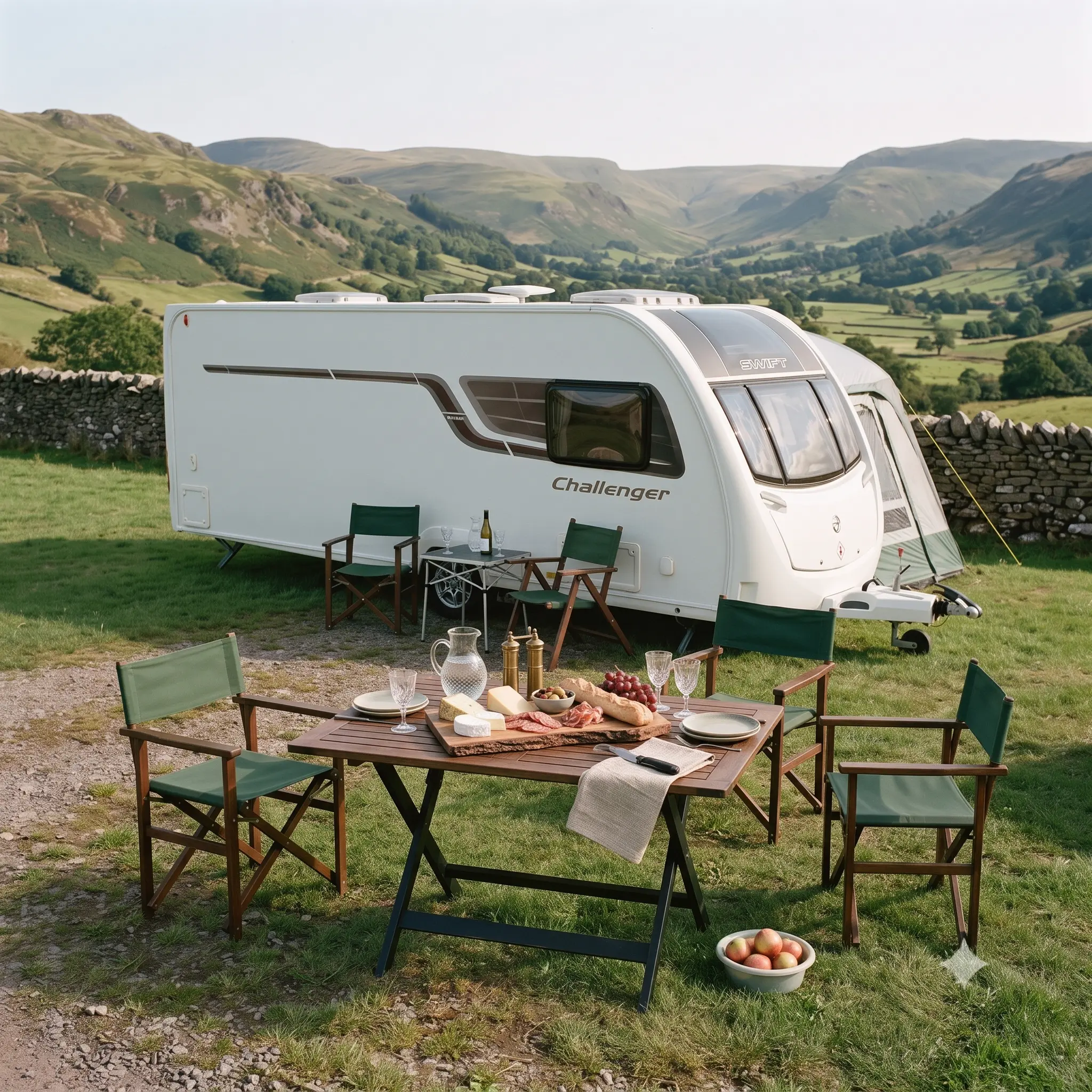 Touring caravan parked near a scenic walking route in the UK countryside