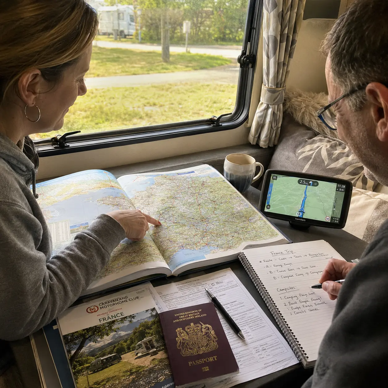 Travellers using a road atlas and sat-nav to plan a caravan touring route through France