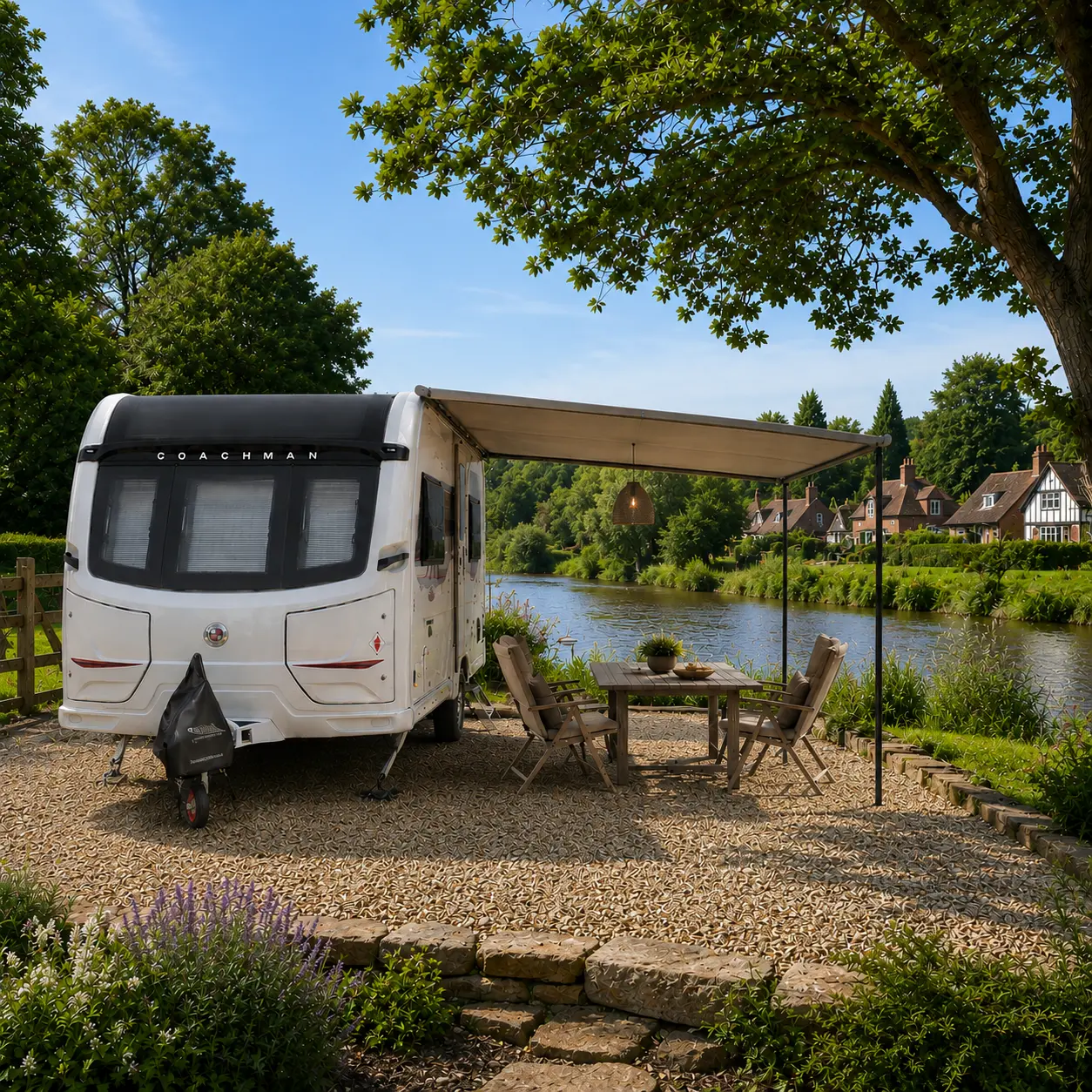 Luxury riverside caravan pitch in England with a Coachman caravan, sun canopy and outdoor dining area overlooking the river