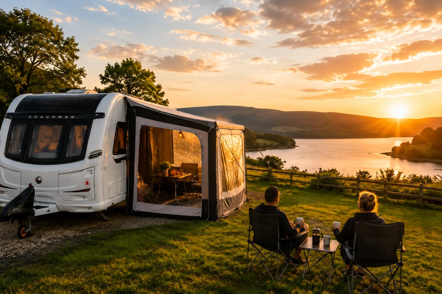 Coachman caravan with awning overlooking a beautiful UK lakeside campsite at sunset