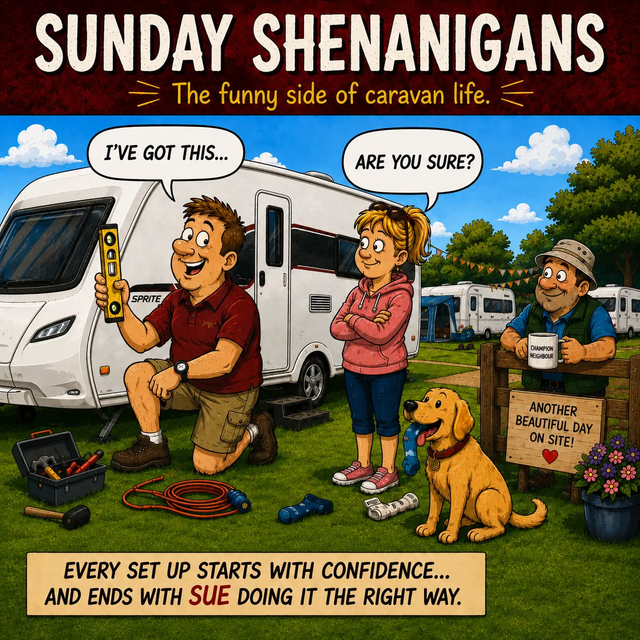 Sunday Shenanigans Comic 1 showing Barry confidently saying "I've got this" while Sue responds with "Famous last words" at a UK caravan campsite