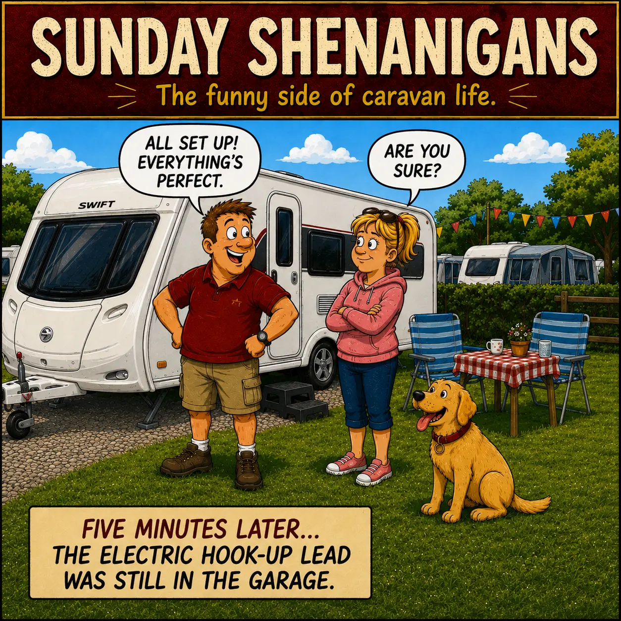 Sunday Shenanigans Comic 2 showing Barry realising the electric hook-up lead was left at home after finishing the caravan setup