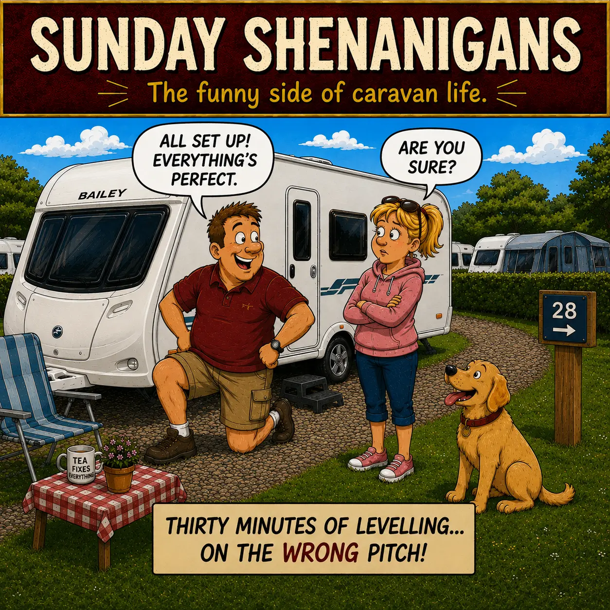 Sunday Shenanigans Comic 3 showing Barry proudly levelling the caravan before Sue points out they are on the wrong pitch