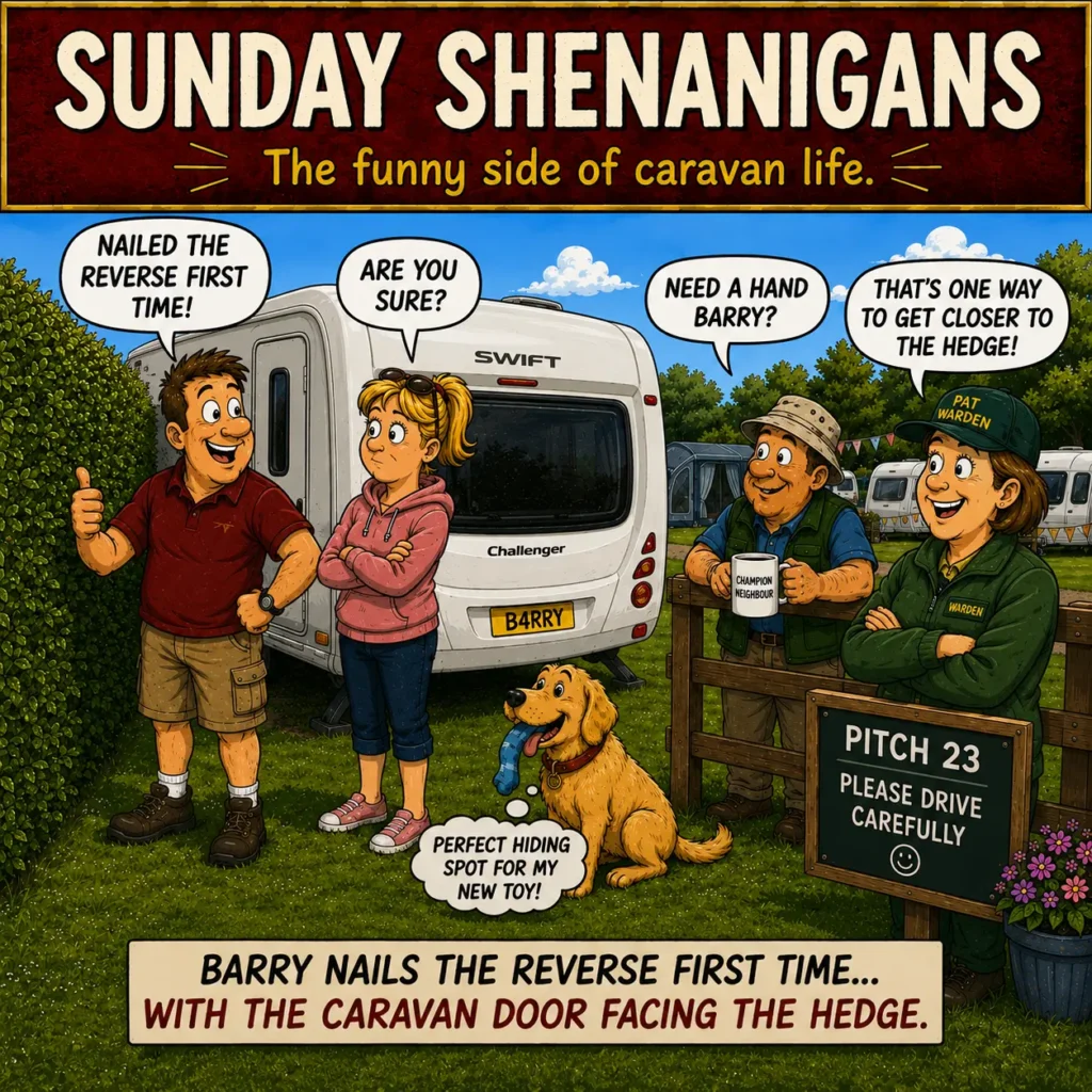 Sunday Shenanigans Comic 4 showing Barry celebrating a perfect caravan reverse before Sue points out the caravan door is facing the hedge