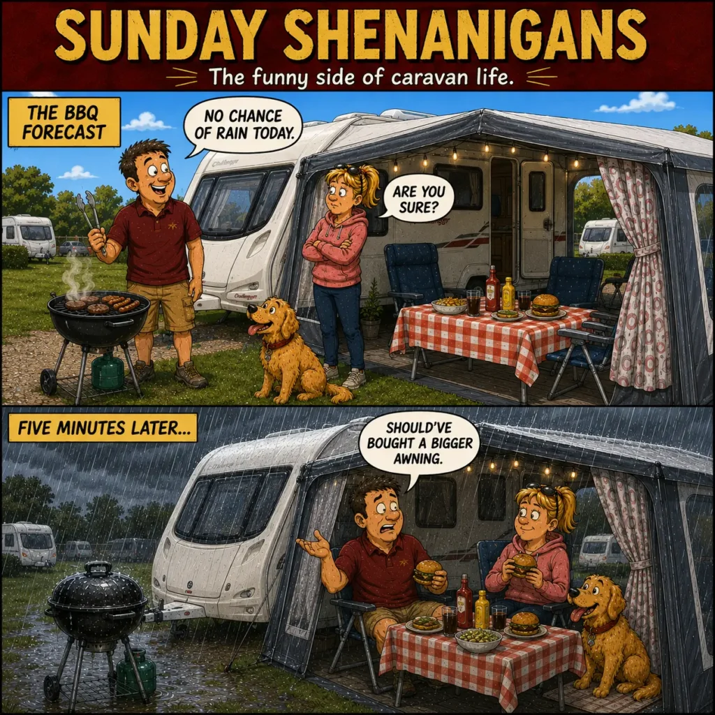 Sunday Shenanigans Comic 5 showing Barry's campsite barbecue interrupted by heavy rain as everyone rushes under the awning