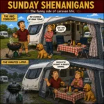 Sunday Shenanigans Comic 5 showing Barry's campsite barbecue interrupted by heavy rain as everyone rushes under the awning