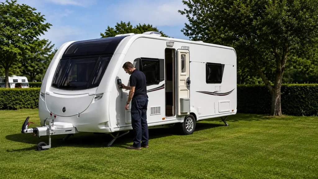 Engineer carrying out a professional caravan habitation check on a modern British touring caravan