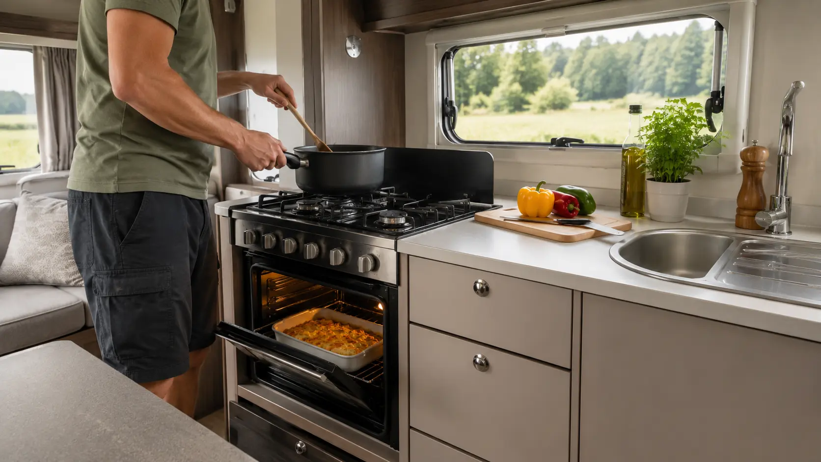 Modern UK touring caravan kitchen with a clean gas oven and three-burner hob in use while preparing a meal