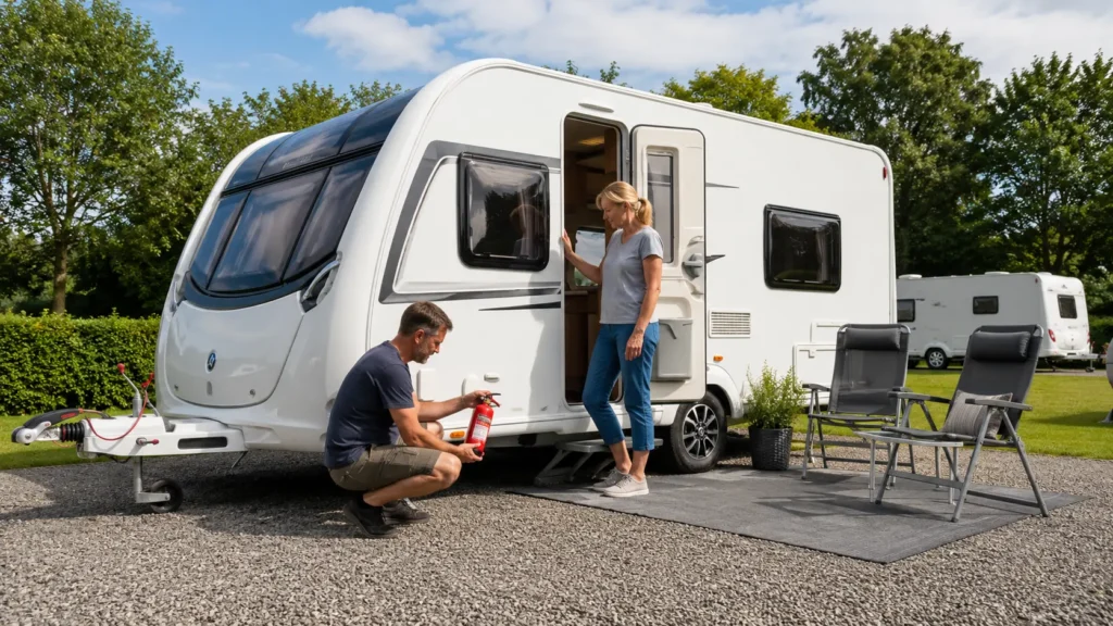 Couple carrying out caravan fire safety checks beside a modern UK touring caravan before departure