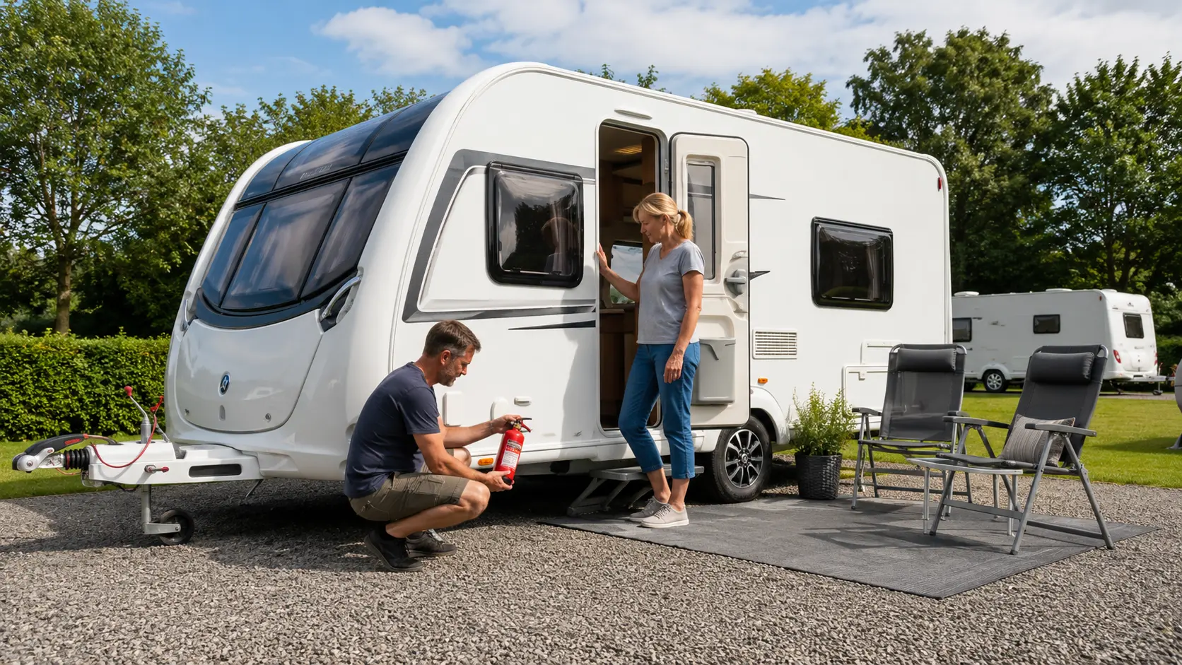Couple carrying out caravan fire safety checks beside a modern UK touring caravan before departure