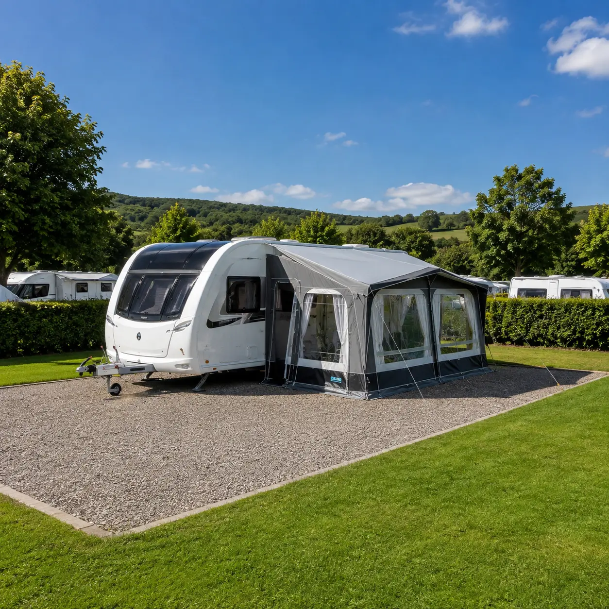 Modern British touring caravan on a hardstanding pitch