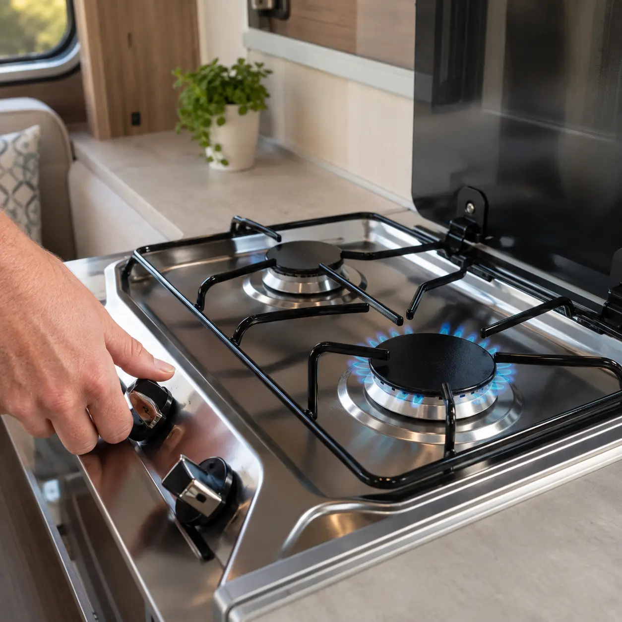 Adult hand safely igniting a gas hob in a modern UK touring caravan kitchen