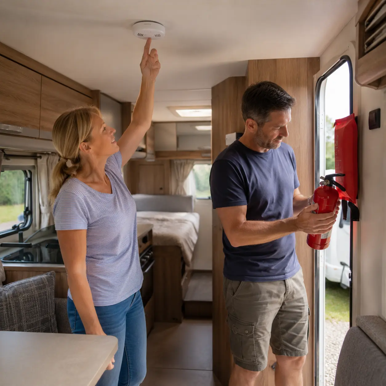 Couple testing a smoke alarm and checking caravan fire safety equipment inside a UK touring caravan