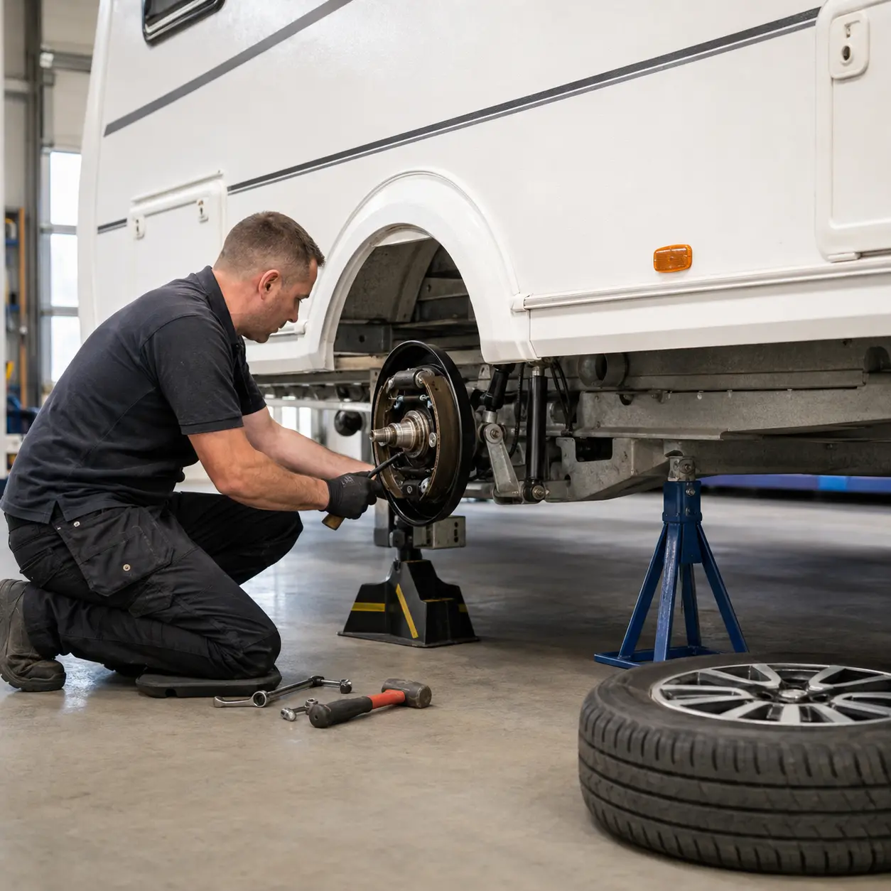 Technician inspecting caravan brakes and running gear during an annual service