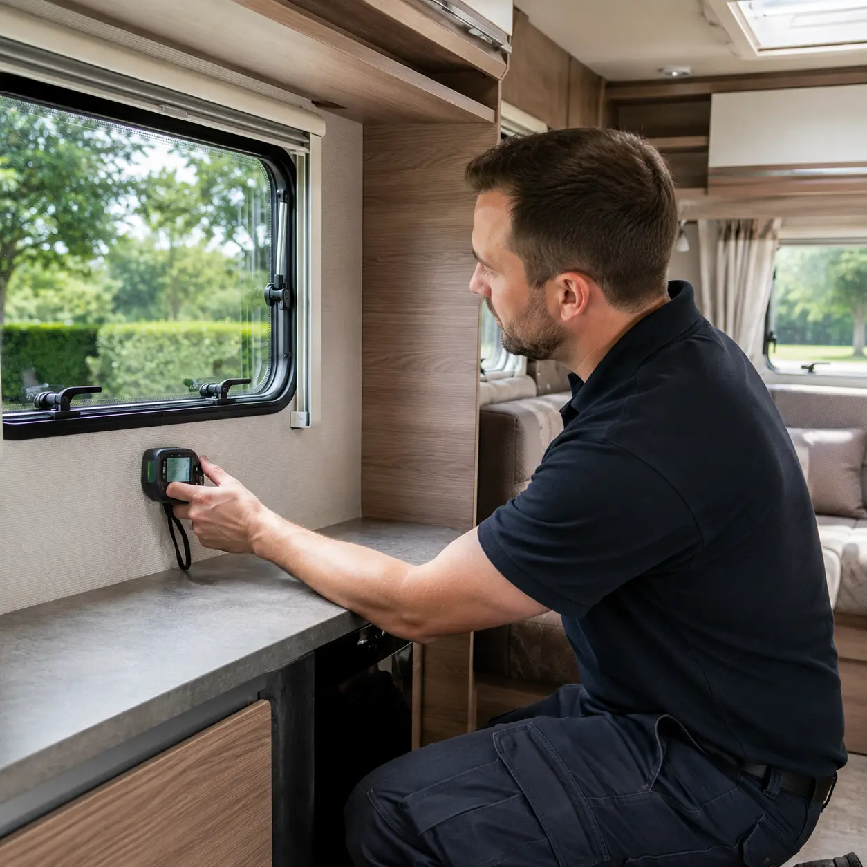 Engineer using a moisture meter to check for damp inside a touring caravan
