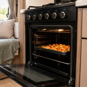 Food cooking inside a modern UK touring caravan gas oven