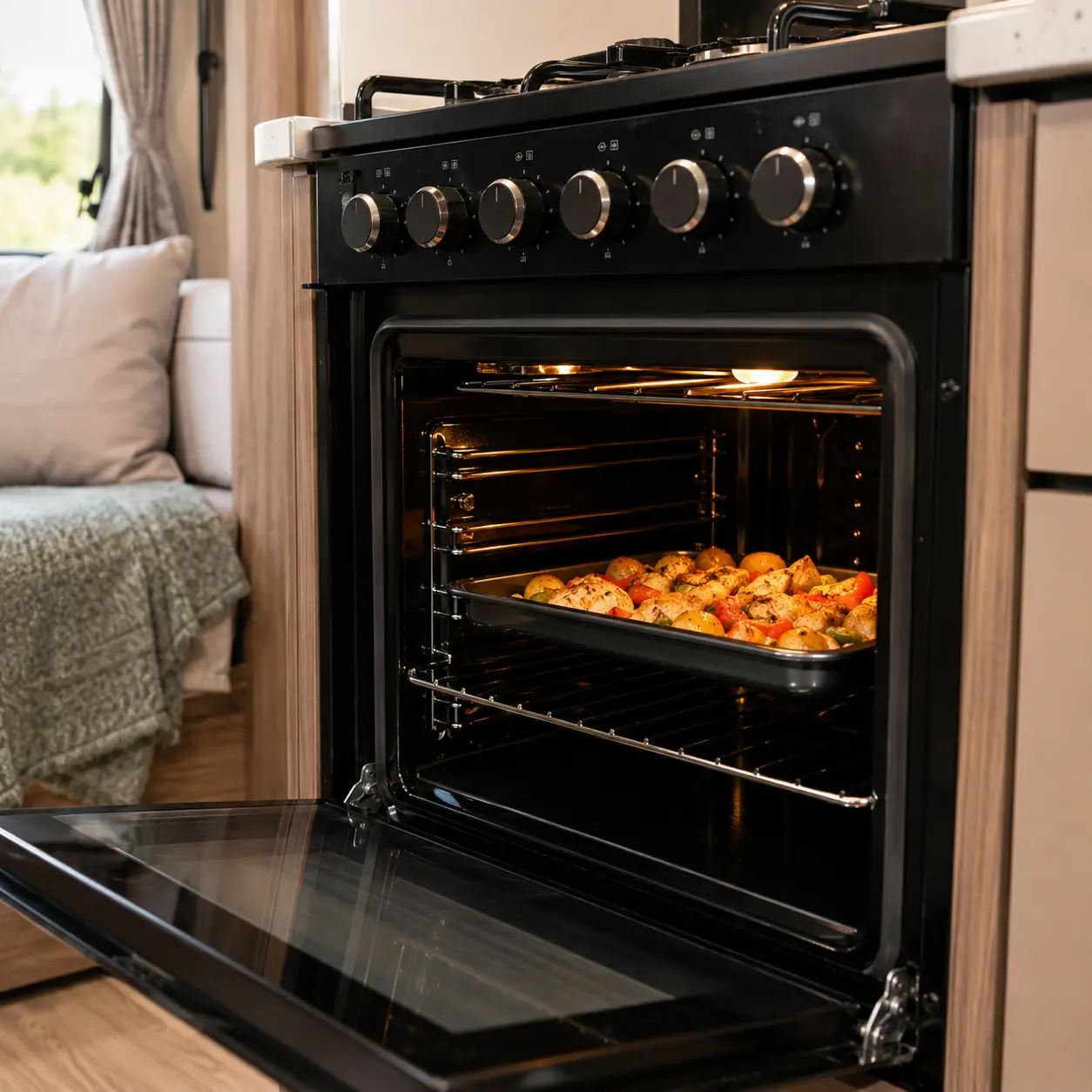 Food cooking inside a modern UK touring caravan gas oven