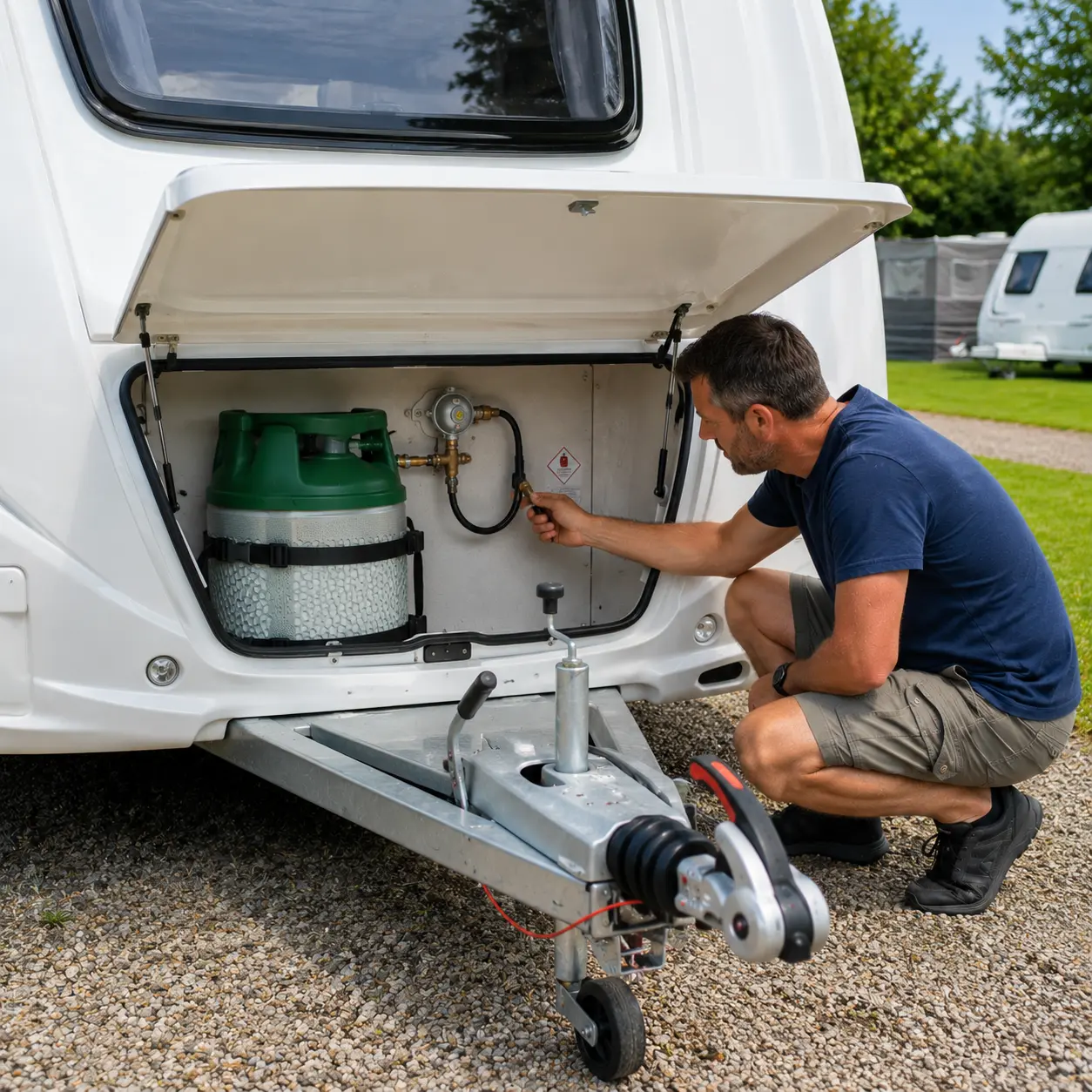 Caravan owner inspecting the LPG cylinder, regulator and hose inside the front gas locker of a UK touring caravan