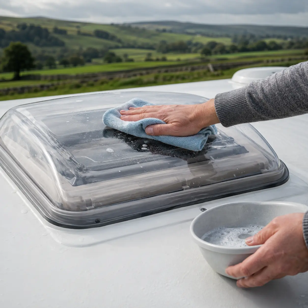 Caravan rooflight being cleaned with soapy water and a soft cloth