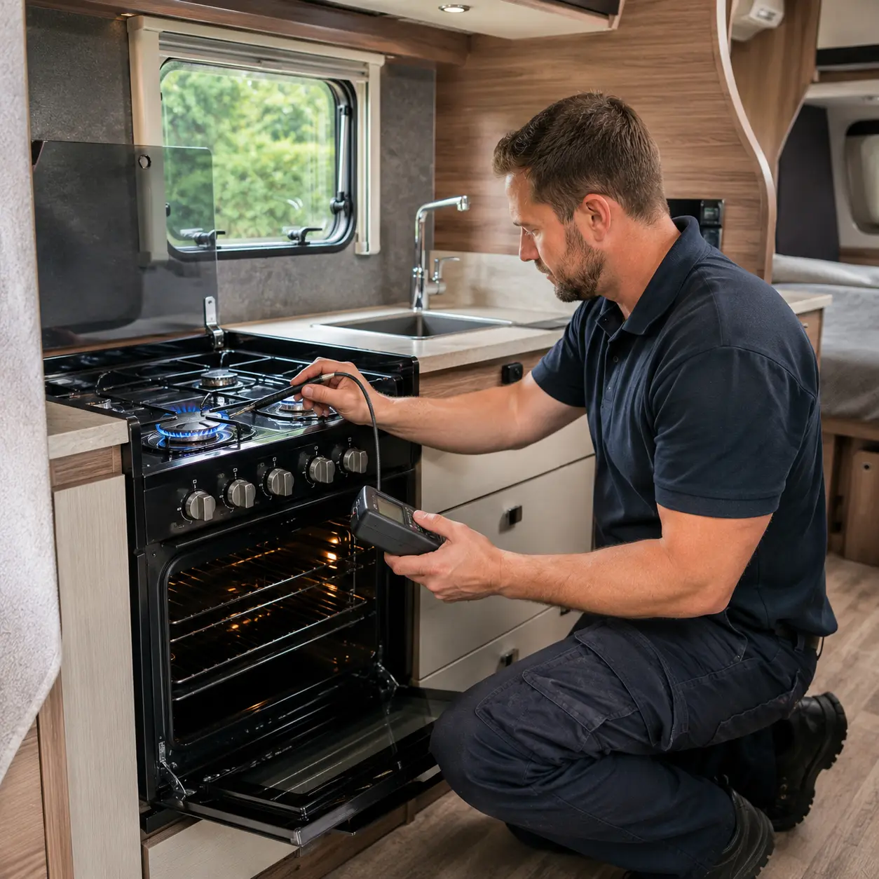 Qualified engineer testing gas appliances inside a touring caravan