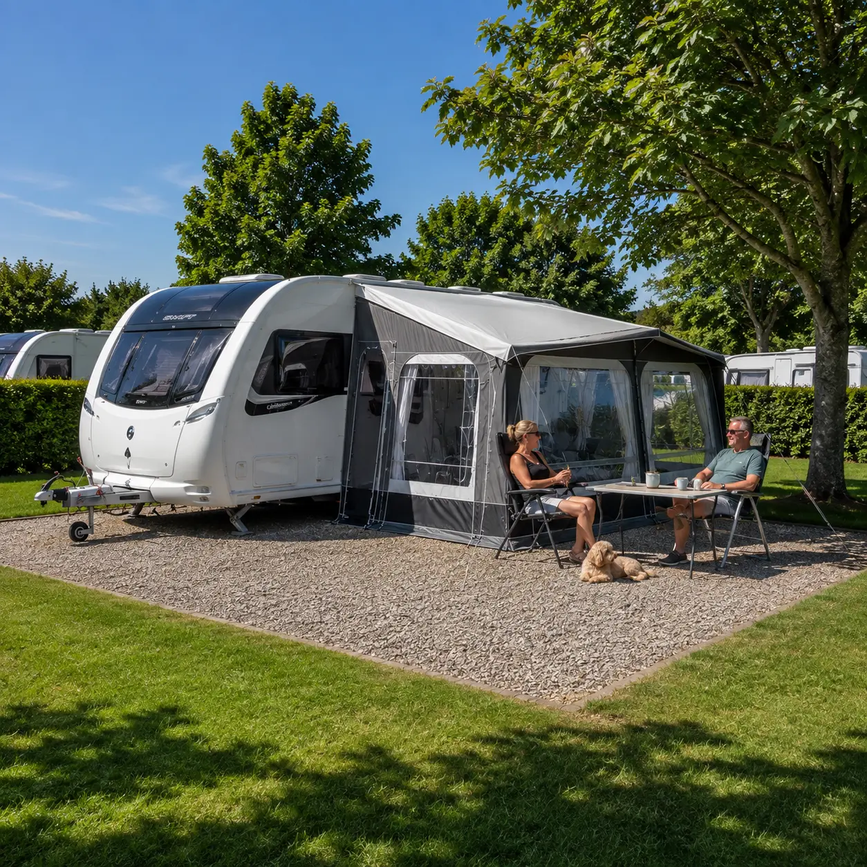 British touring caravan enjoying morning sunshine on a campsite