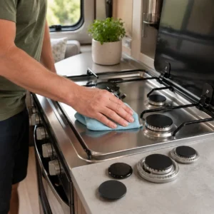 Adult cleaning a stainless steel caravan gas hob with a soft cloth
