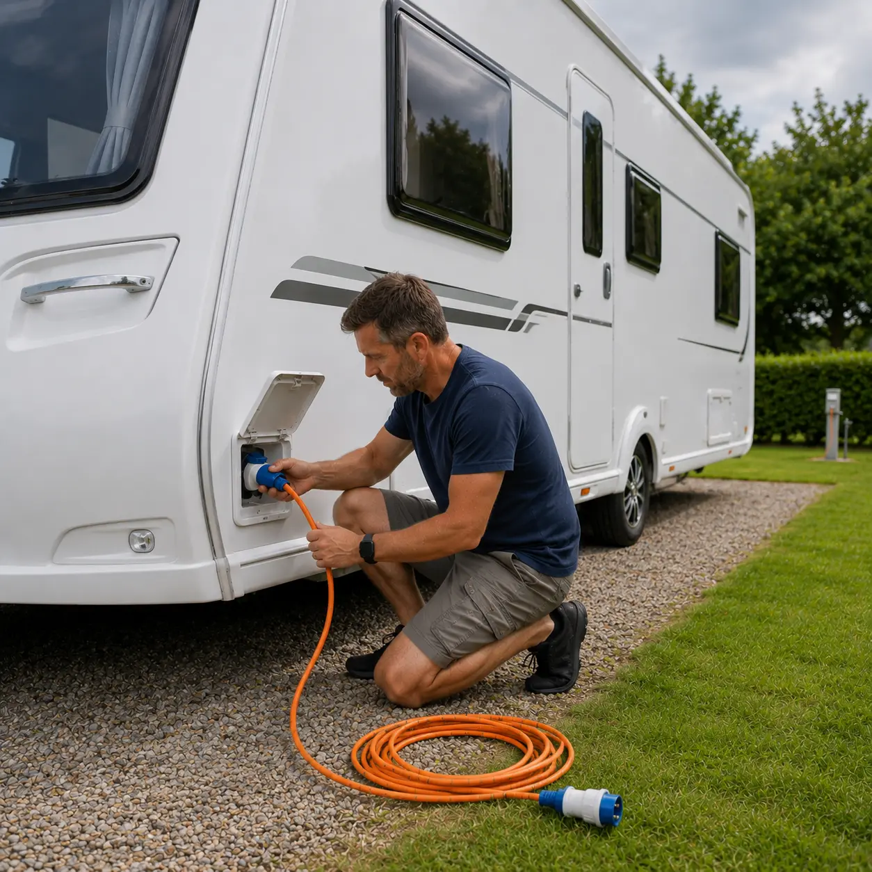 Caravan owner connecting an orange electrical hook-up cable to a UK touring caravan before connecting to the campsite EHU