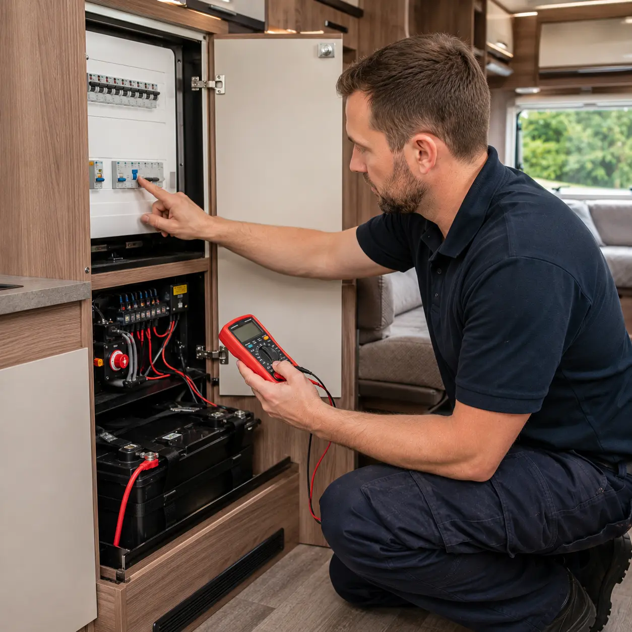 Engineer inspecting the electrical systems inside a modern touring caravan
