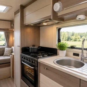 Modern UK touring caravan kitchen with carbon monoxide alarm, smoke alarm and clean gas cooker
