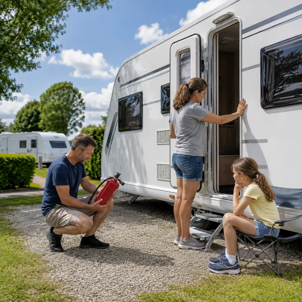 Family completing final caravan fire safety checks before leaving a UK campsite