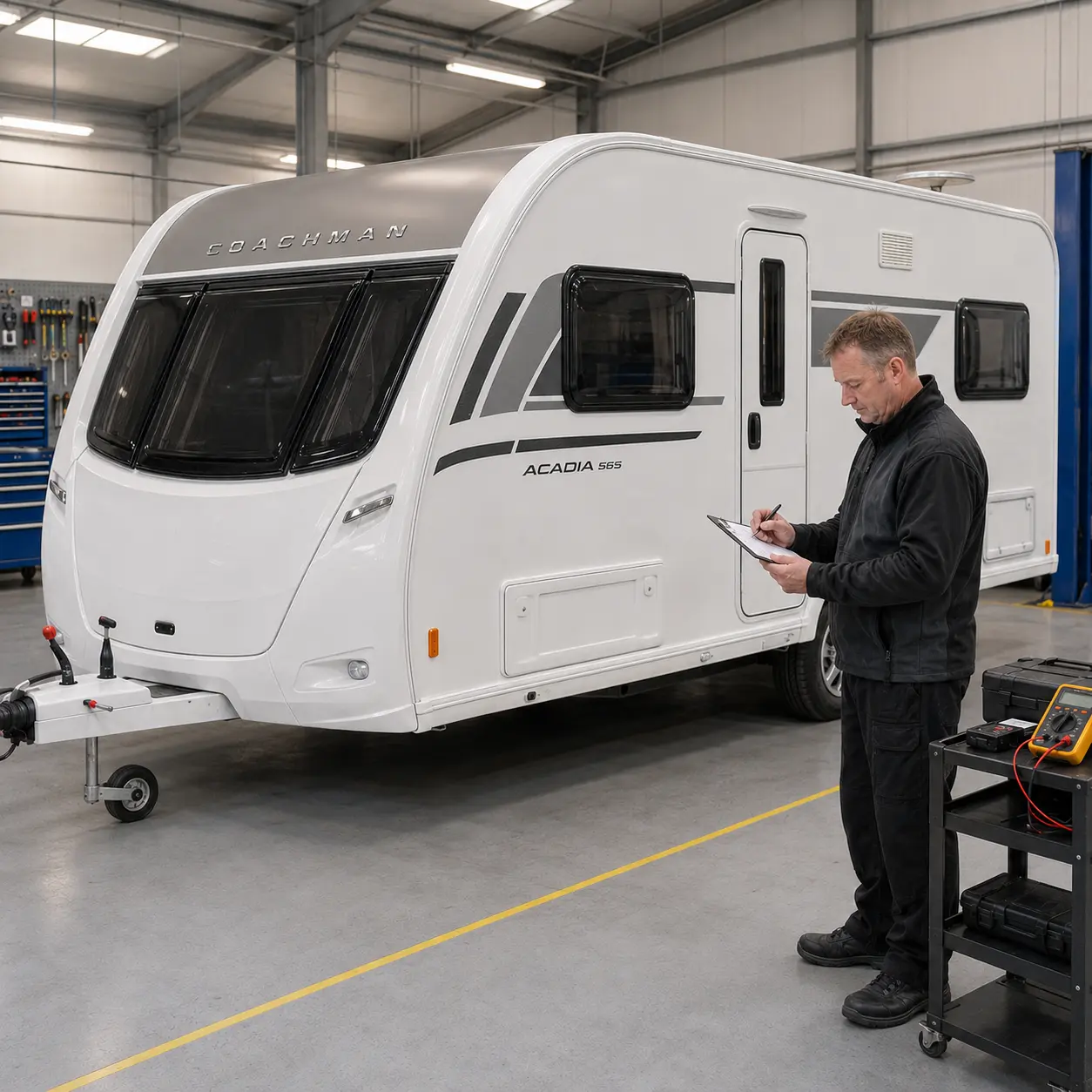 Technician completing a caravan service checklist after an inspection
