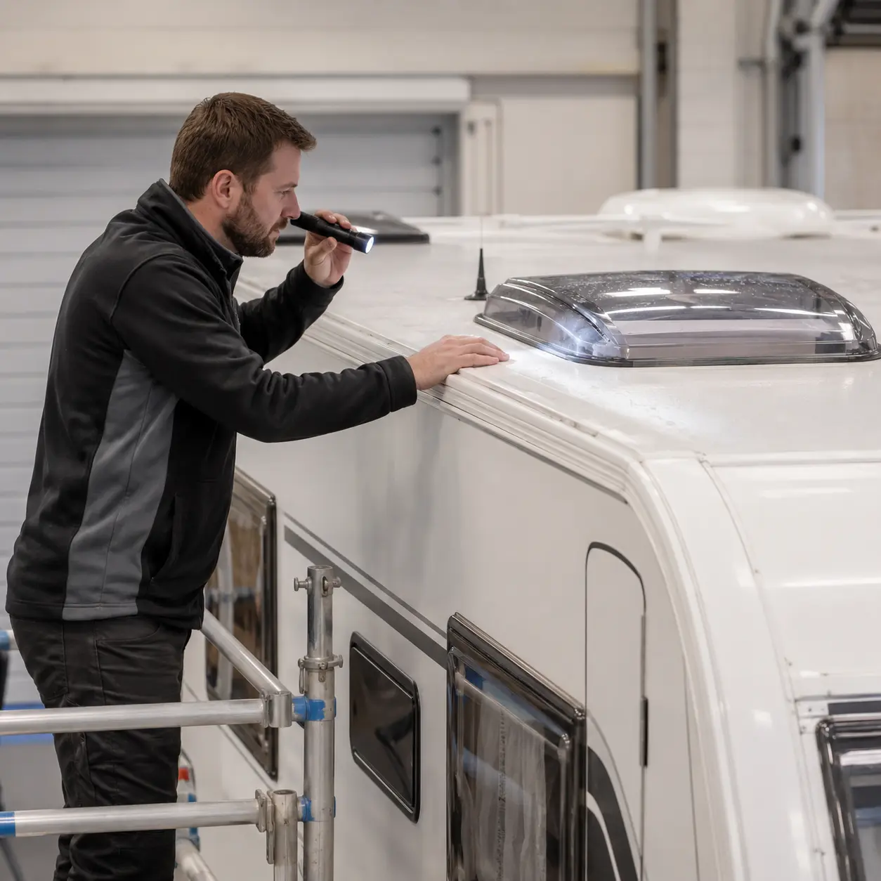 Technician inspecting a caravan rooflight and external seal